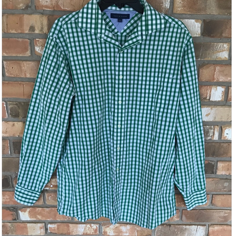 Tommy Hilfiger Men’s Long Sleeve Green & White Checkered Shirt Neck Size 16